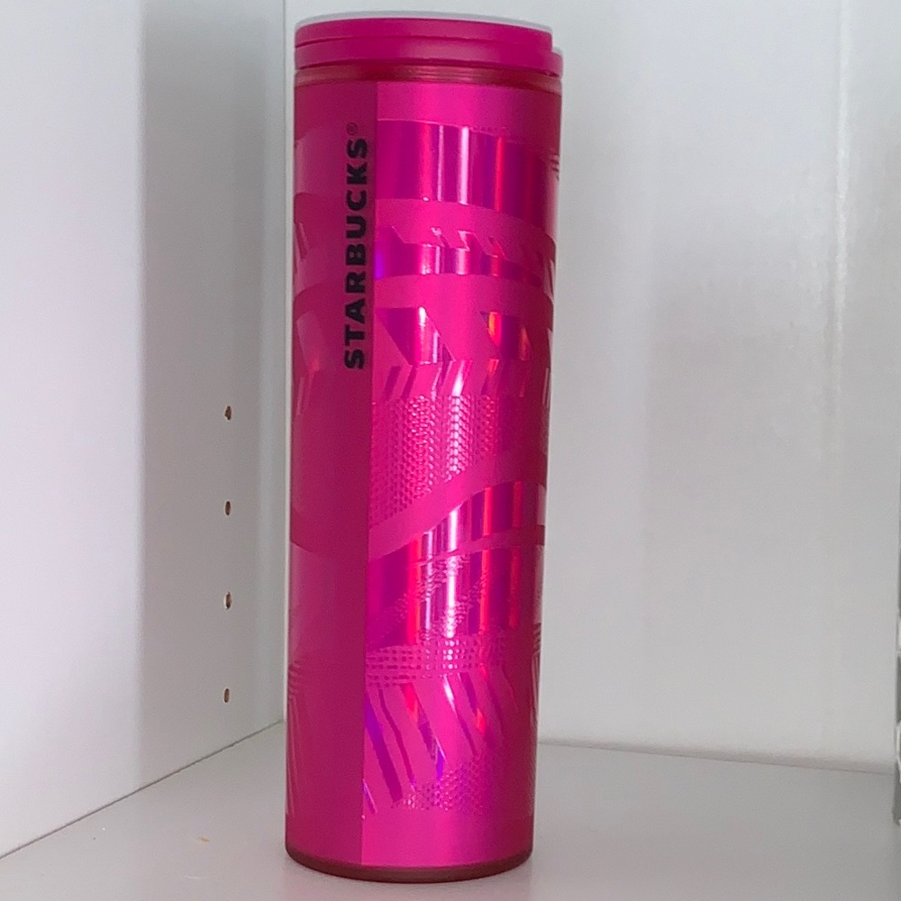 Starbucks 16 Oz bright pink tropical holographic traveler tumbler / mug